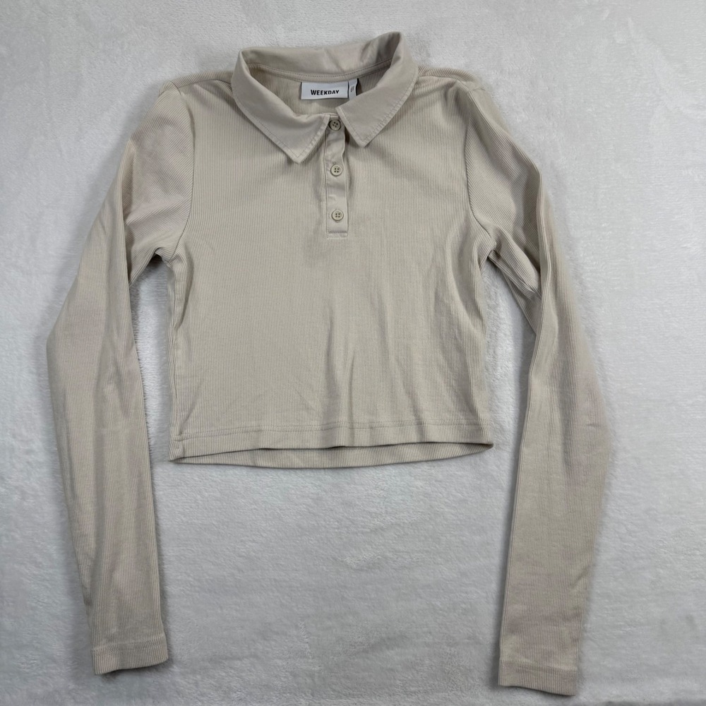 Weekday Erin Polo Long Sleeve Cropped Ribbed Shirt Beige Size M 0904677 2
